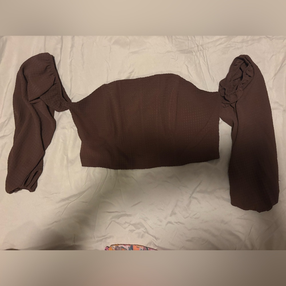 Brown Ribbed Off-Shoulder Crop Top